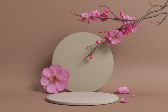 Podium with Sakura Branches Pink Flowers: A Versatile 3D Design for Product Displays and Photography